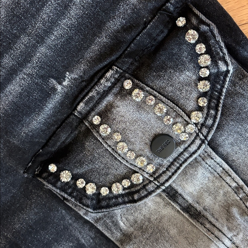 Smoke rise XL $110 Women's High Rise Rhinestone Stacked Jeans Pant storm black - Picture 2 of 14